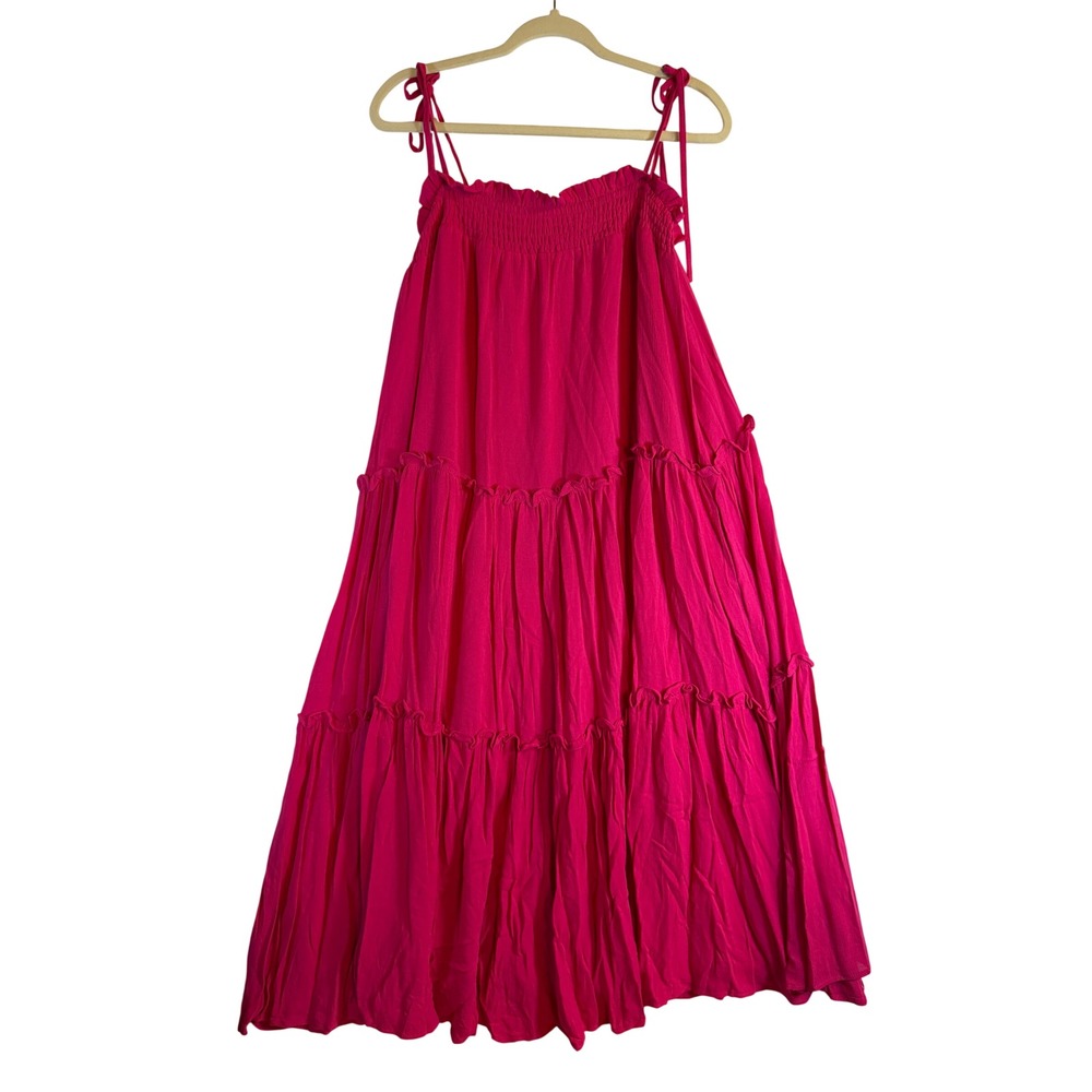 Flawless Fuchsia Pink Tiered Maxi Dress 2XL NWT Boho Smocked Tie Shoulder Pocket